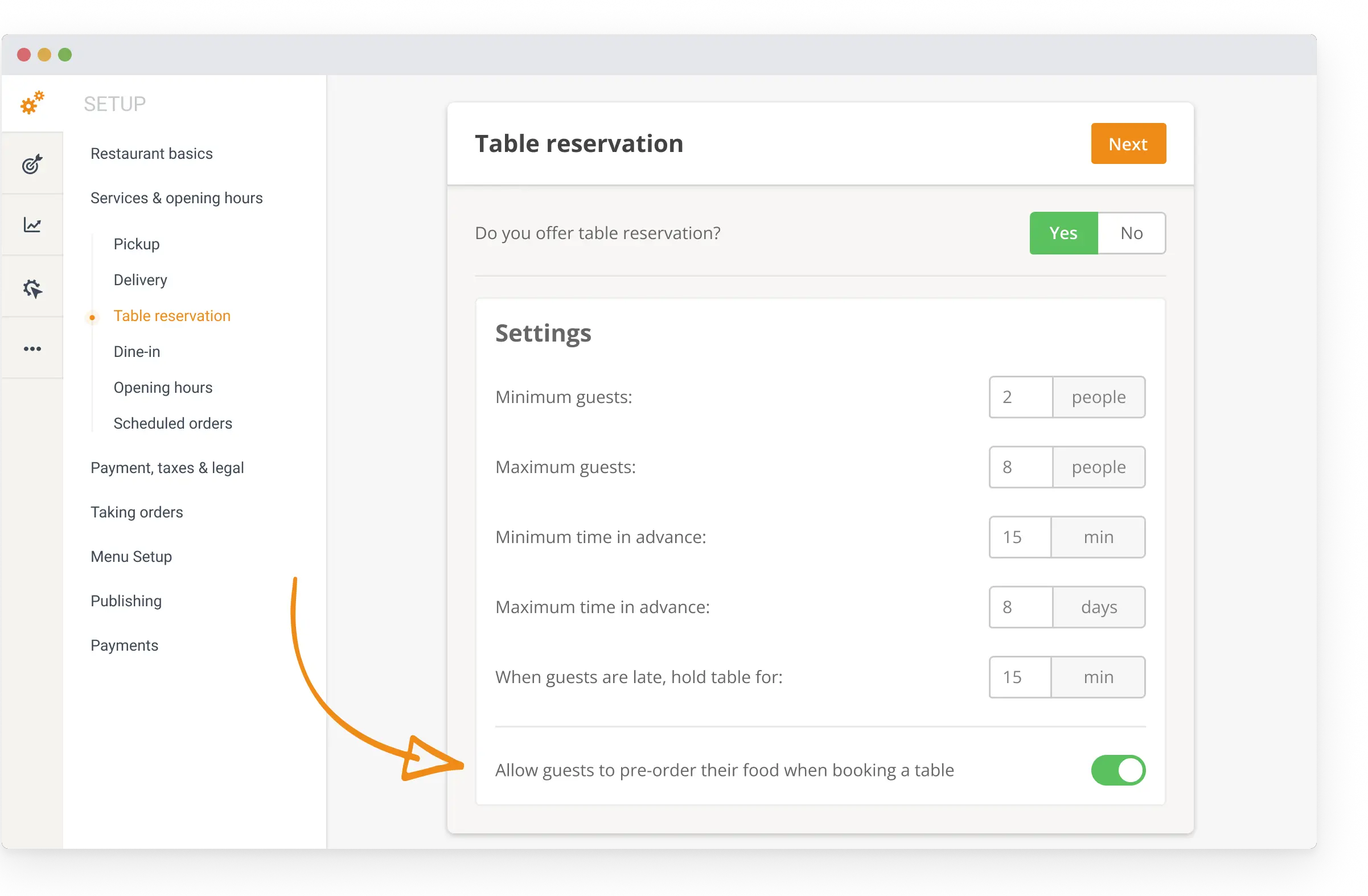 restaurant booking widget with pre-order feature