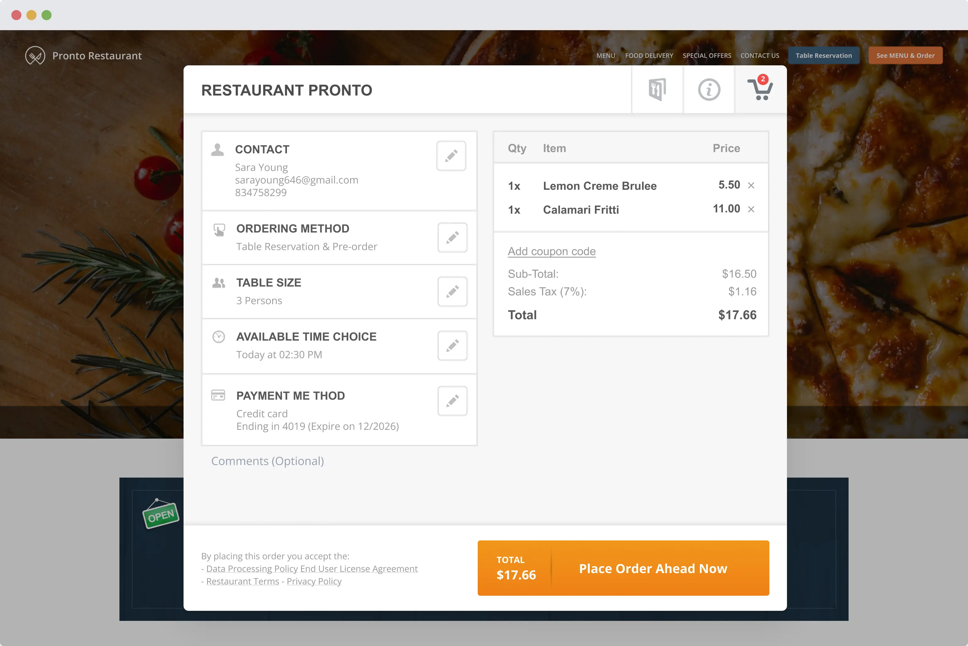 completed restaurant pre order form