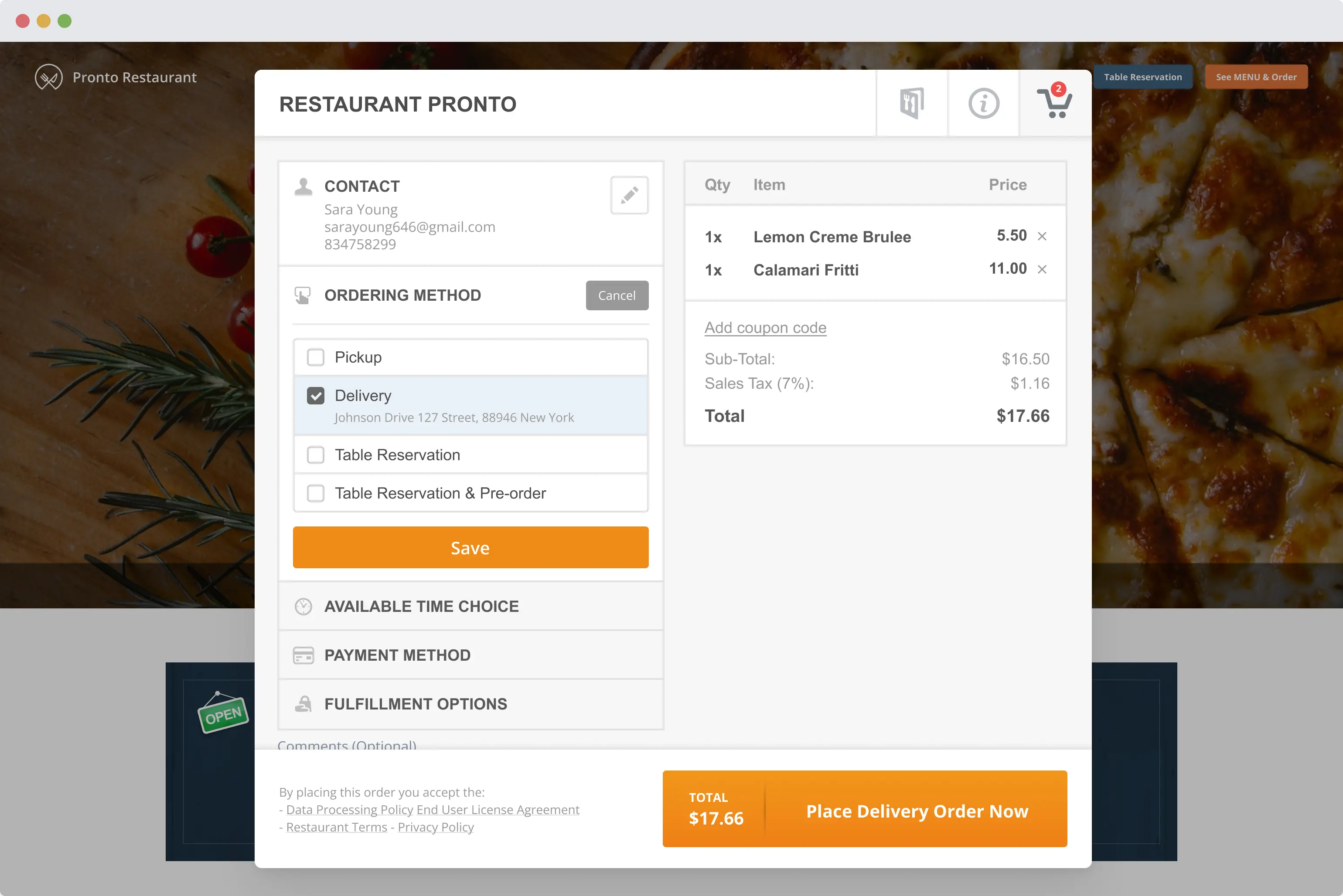 pre order food restaurant for pickup or delivery