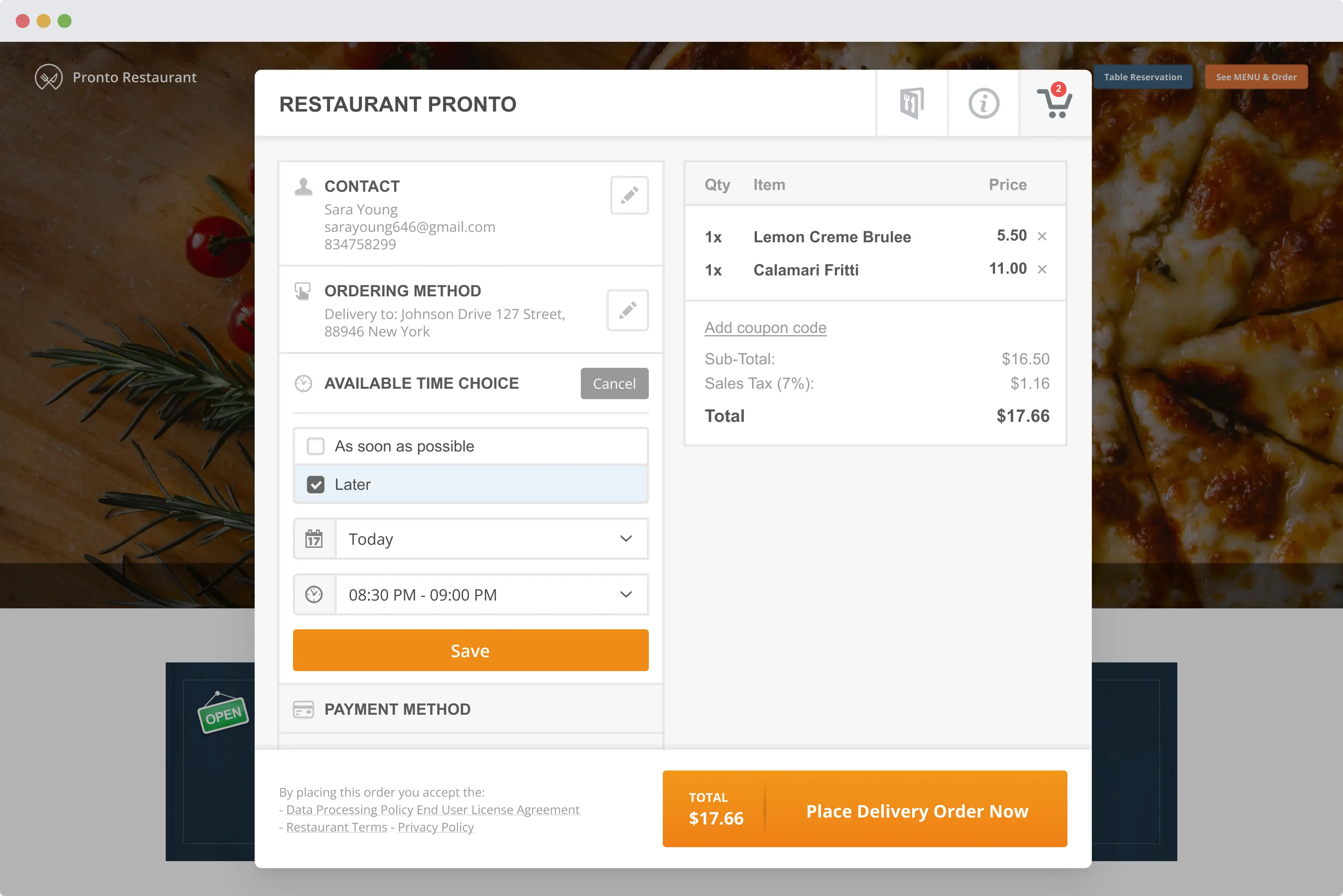 restaurant pre-order system for pickup and delivery