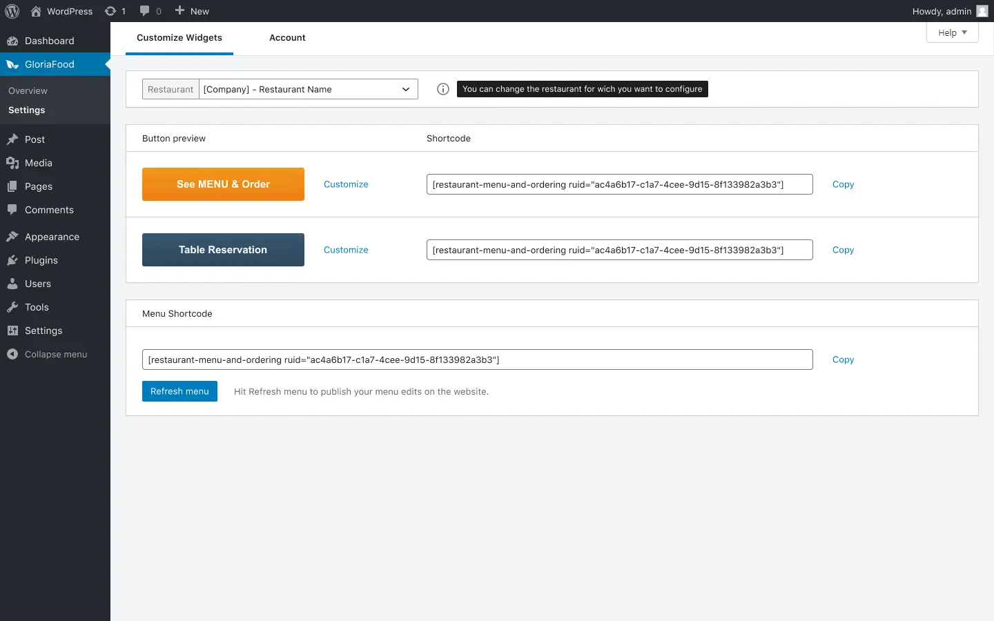 Customize the buttons for Wordpress restaurant ordering and restaurant reservations