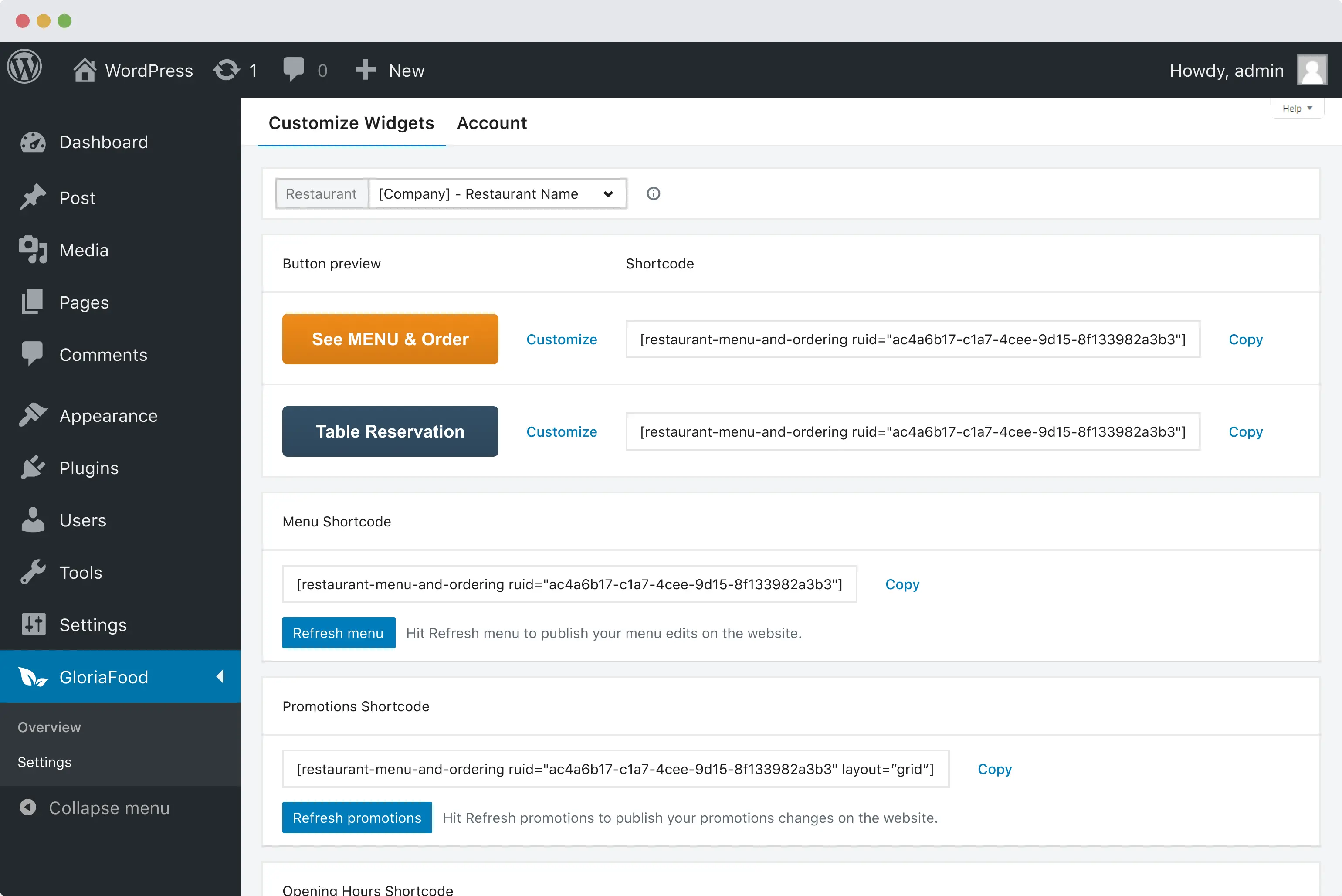 Publish the Wordpress restaurant plugin