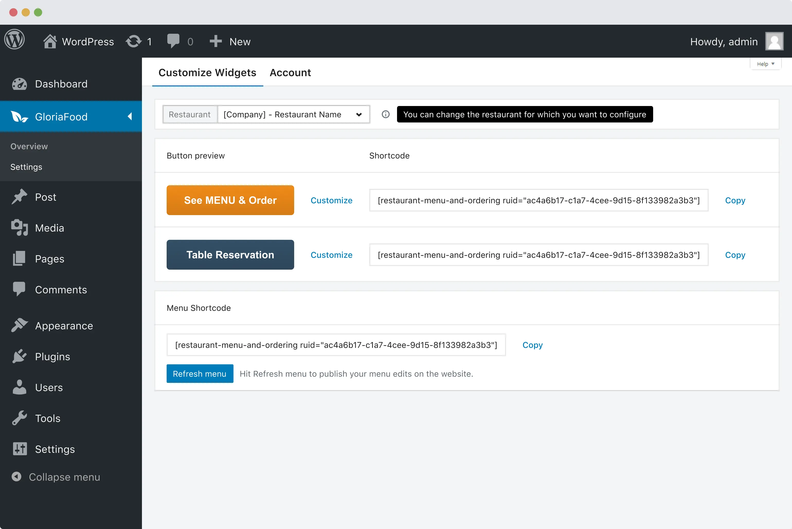 Customize the Wordpress restaurant ordering and reservations buttons