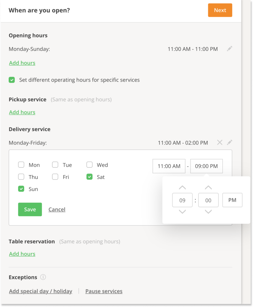 order taking software: working hours, admin view