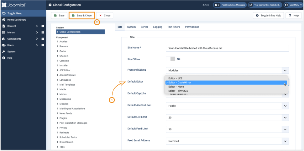 Check Joomla editor settings