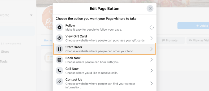 facebook start order button