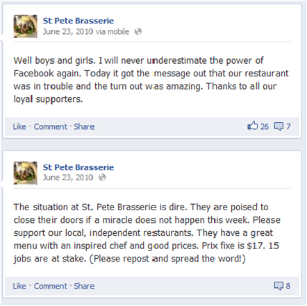 restaurants usings social media successfully: St. Pete’s Brasserie's Facebook post