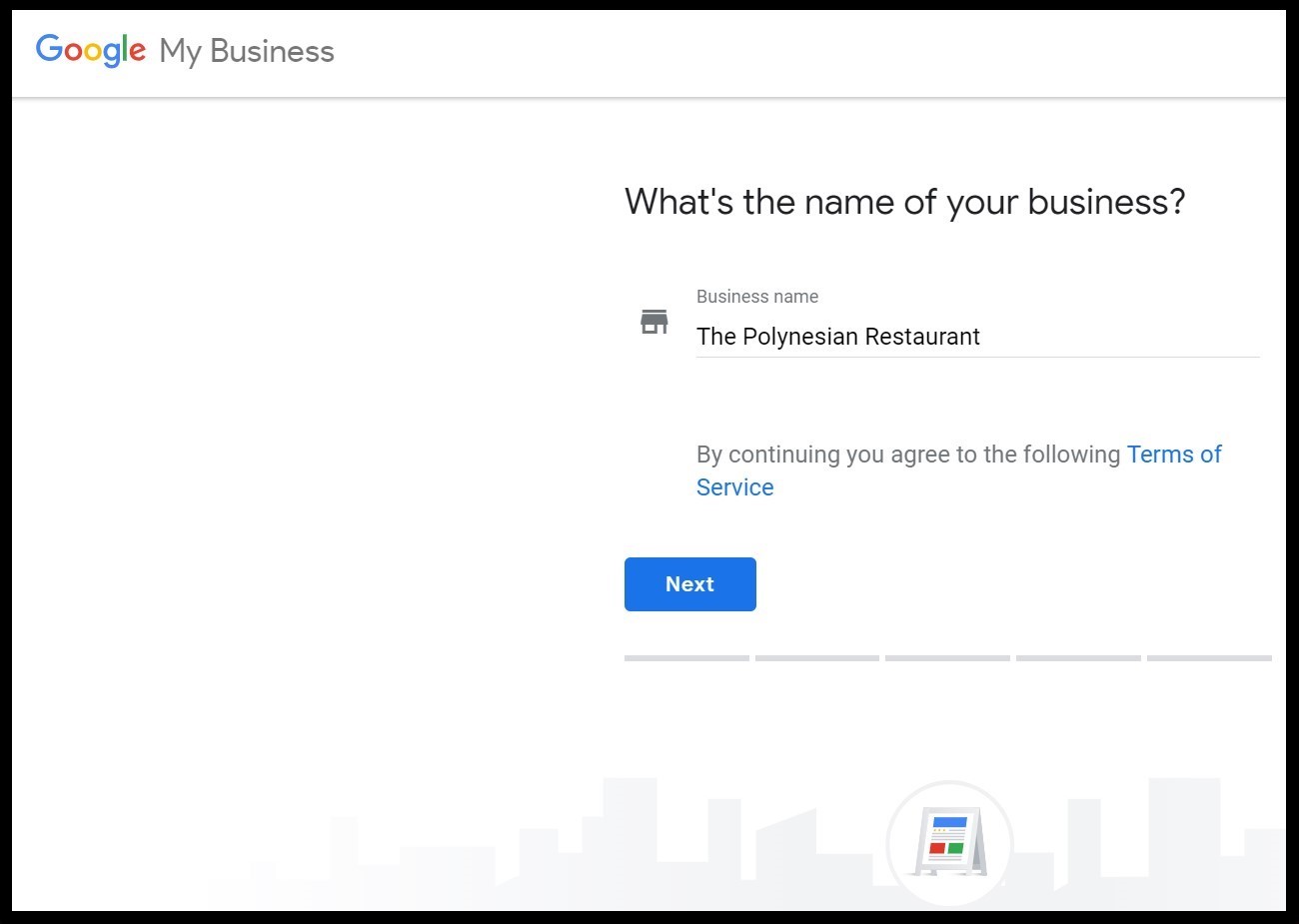 Benefits of Google My Business: Easy Googly My Business Set Up by first typing in the name of the restaurant