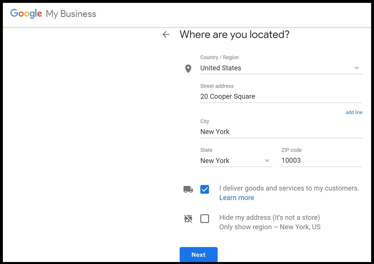 Benefits of Google My Business: adding the location