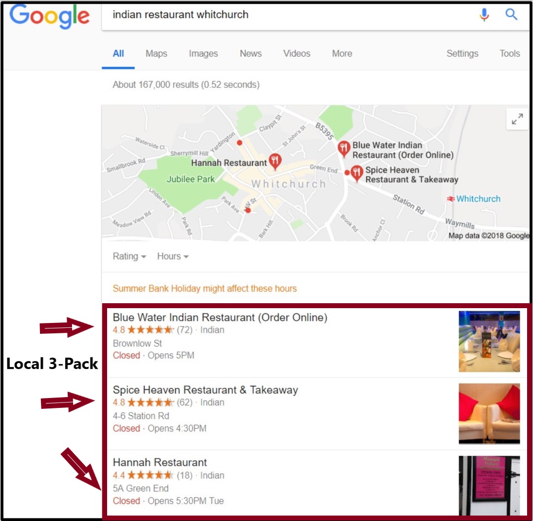 local seo for restaurants: Indian restaurants in Whitchurch, shown in the Local 3 Pack