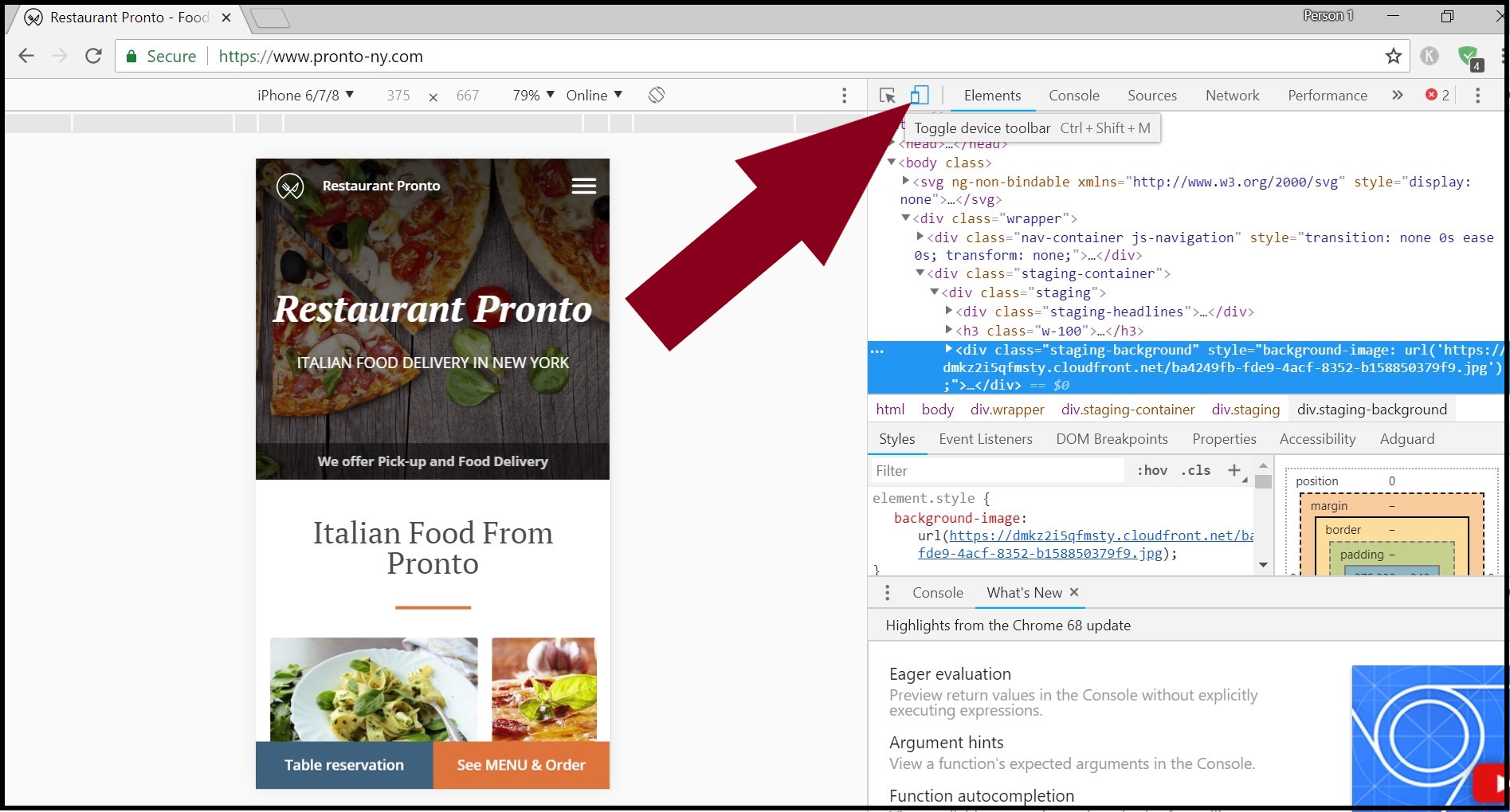 restaurant SEO tips: anyone can check how mobile responsive their website is, by clicking on the "Toggle Bar Device"
