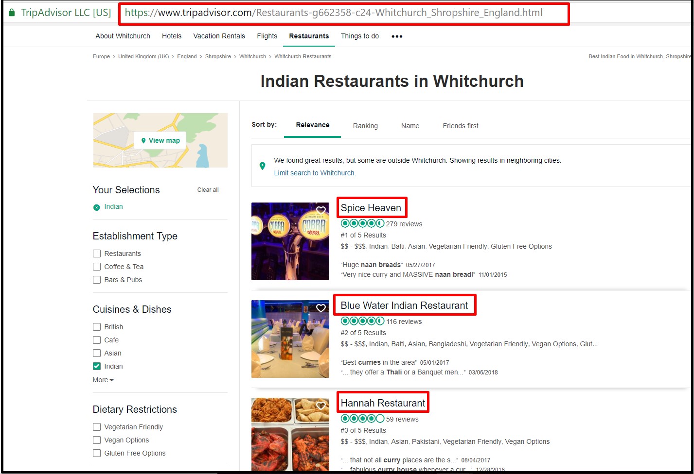 local SEO for restaurants: first three restaurants in Whitchurch as shown on TripAdvisor