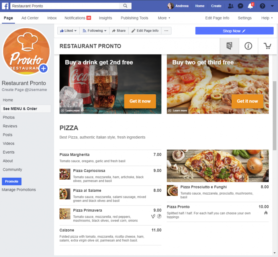 Facebook restaurant menu: this is how the menu of restaurant Pronto looks like on Facebook