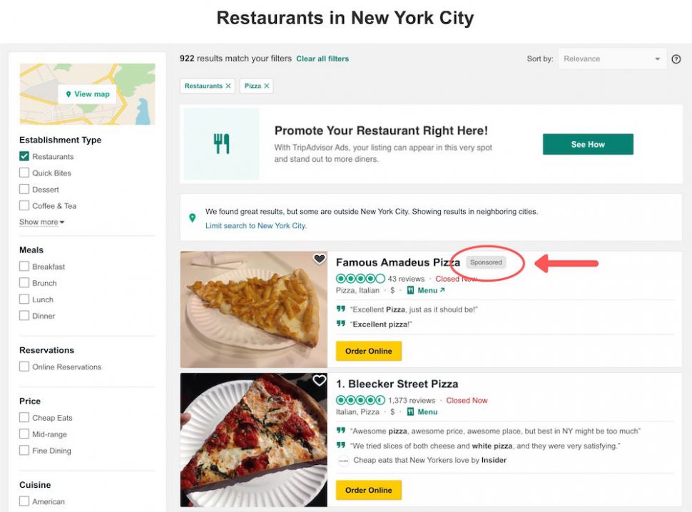tripadvisor ad sponsored placement