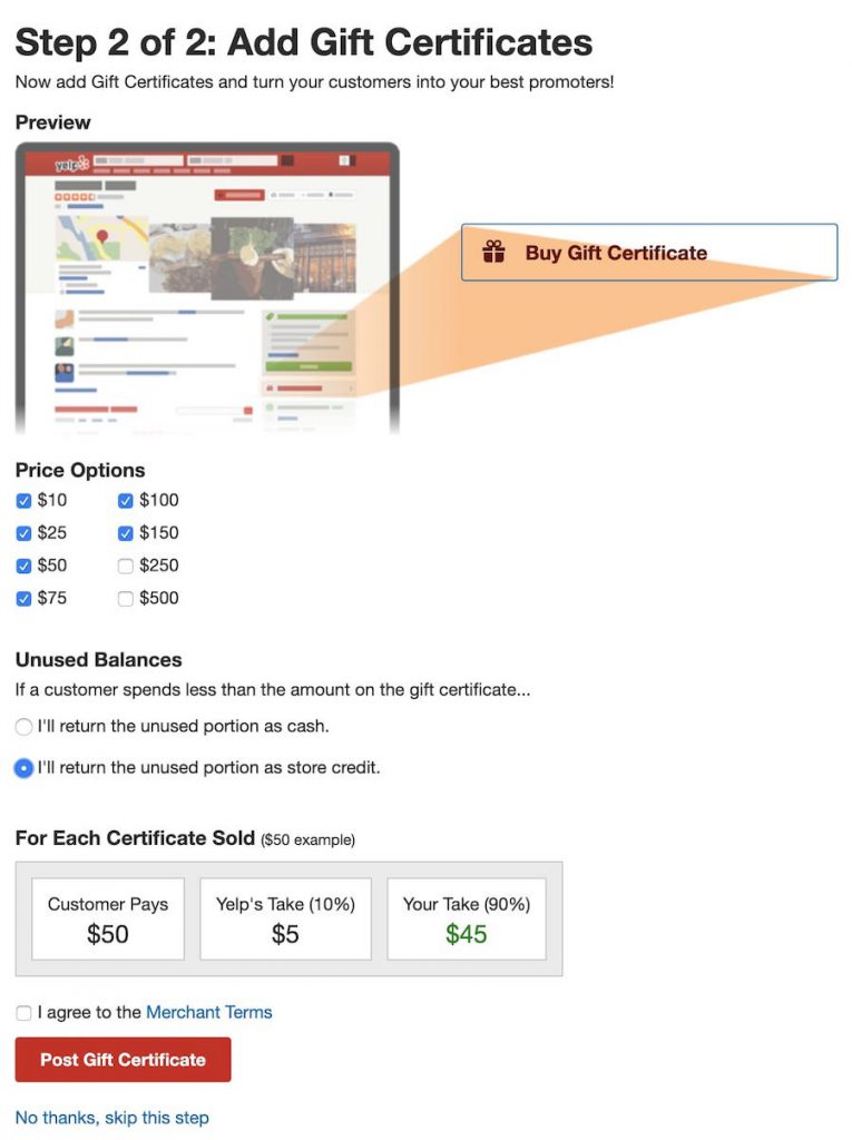 offer yelp gift certificate