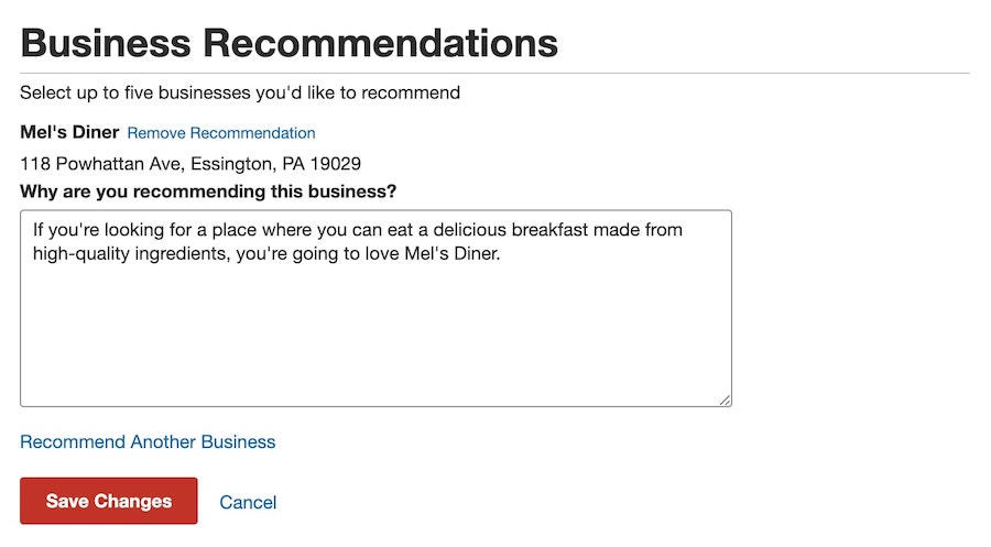 add a business recommendation on yelp