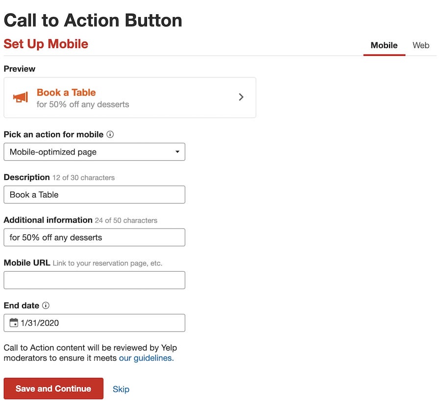 benefits of yelp for businesses: call to action button