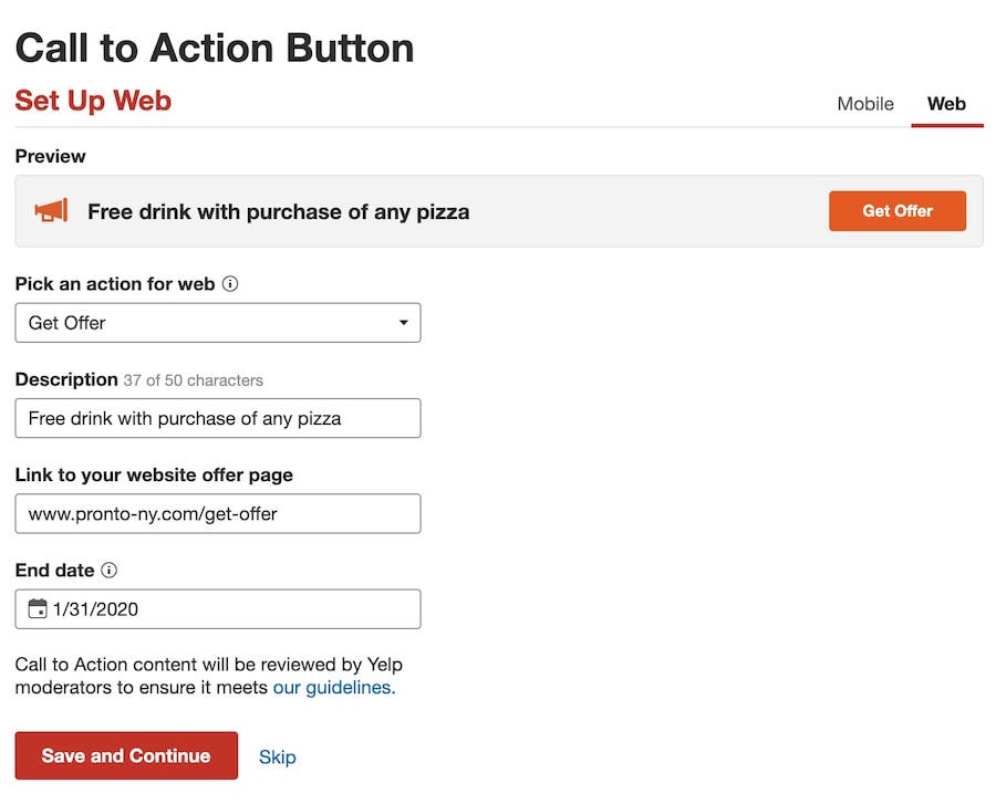 yelp call to action offer