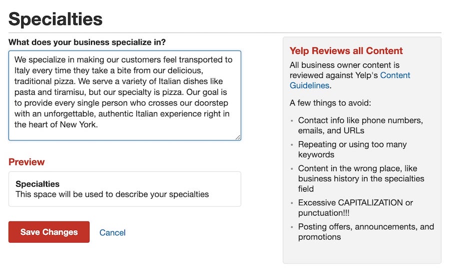 boost yelp search engine optimization by using keywords in your specialties