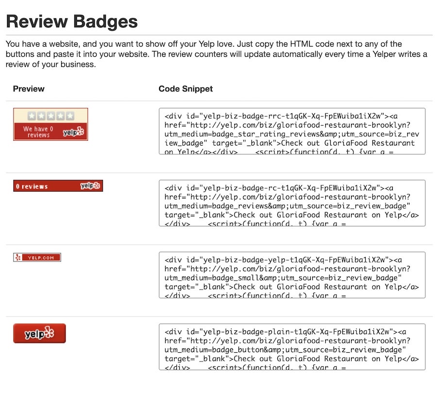 encourage yelp reviews by adding a badge to your website