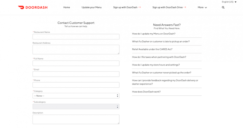 doordash contact form