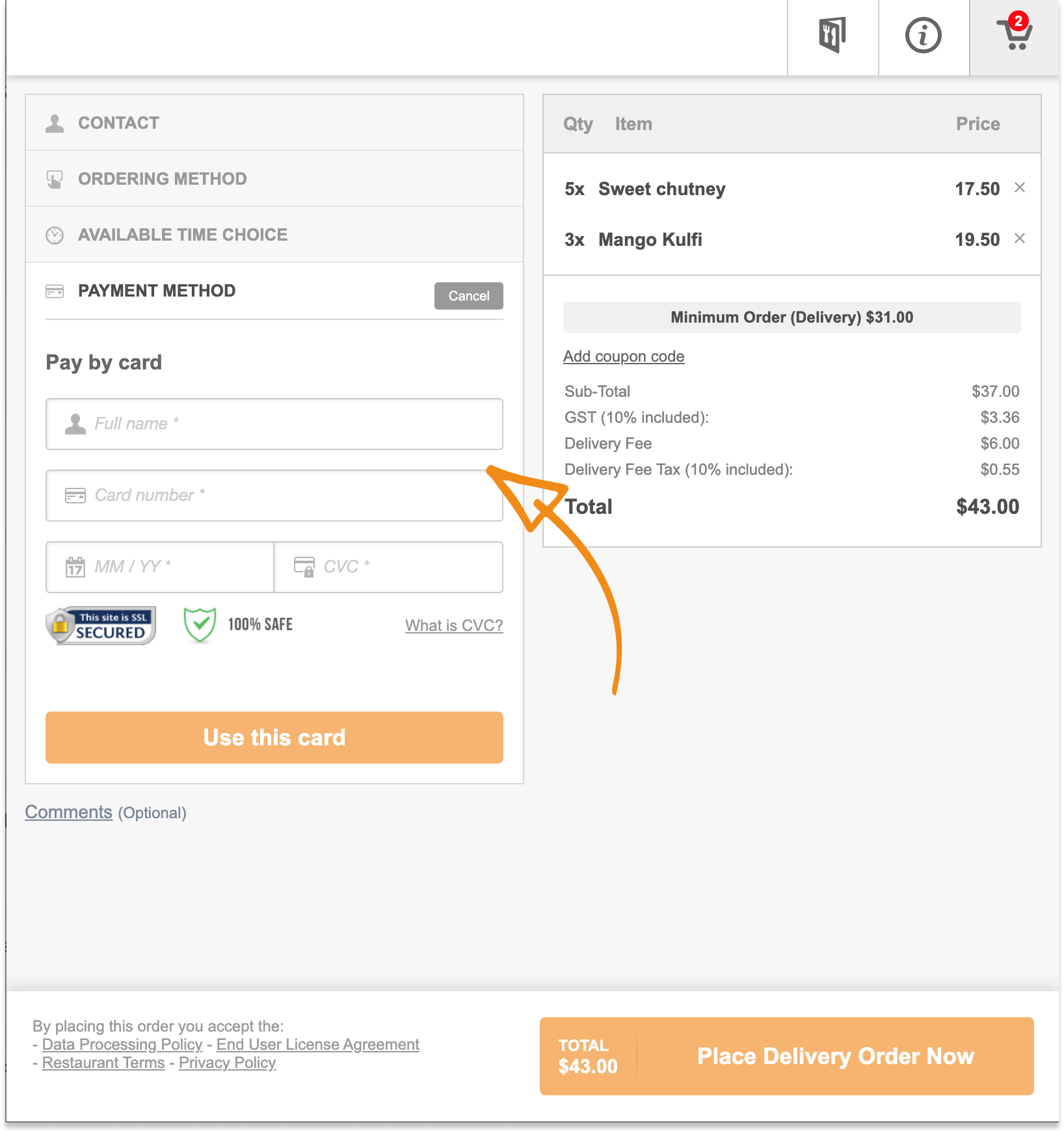 restaurant with online payment in checkout cart