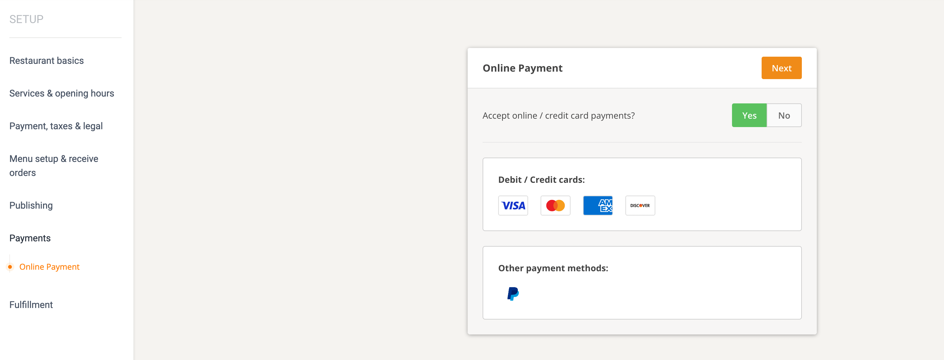Enable online restaurant payment system