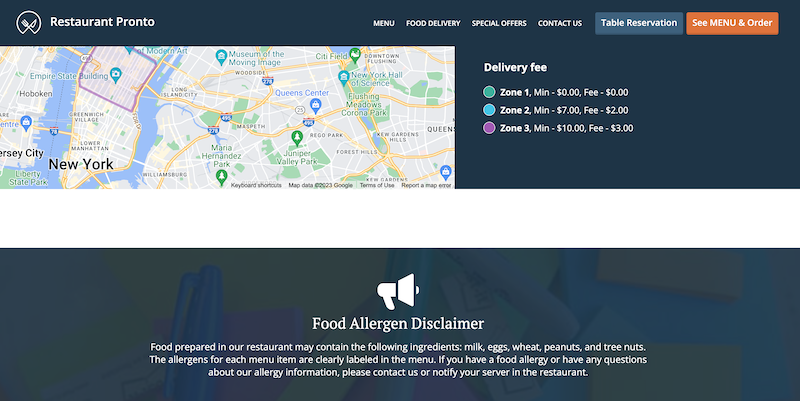 Allergen disclaimer notice on restaurant website